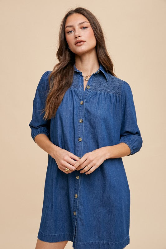 Denim Smocking Detail Dress Indigo