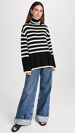 Stripe Turtle Neck Long Knitted Top Black