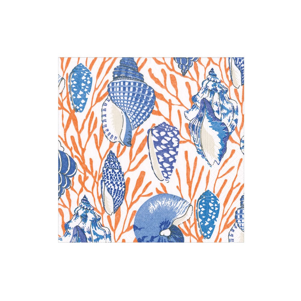 NAPKIN COCKTAIL SHELL TOILE-CORAL/BLUE