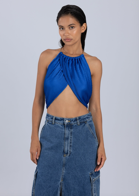 Pleated Drape Top with Neck Trim Blue