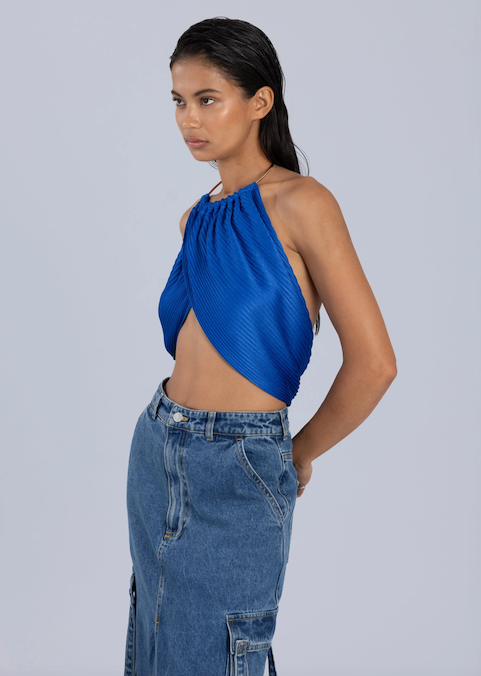 Pleated Drape Top with Neck Trim Blue
