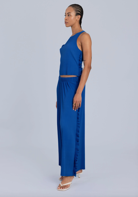Pleated Wide Leg with Frills Trousers Blue