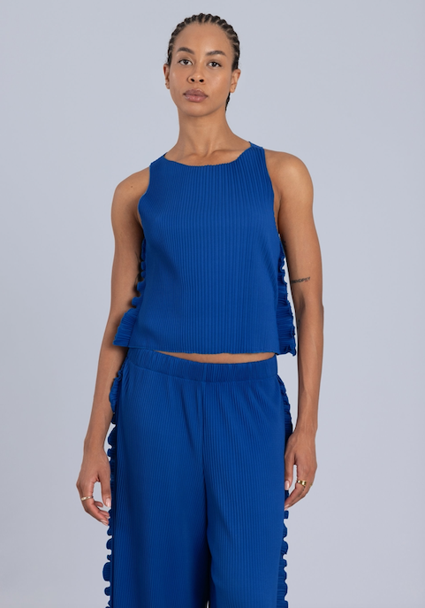 Pleated Tank Top with Frills Blue