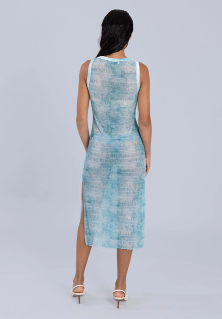 Denim Print Sheer Midi Dress