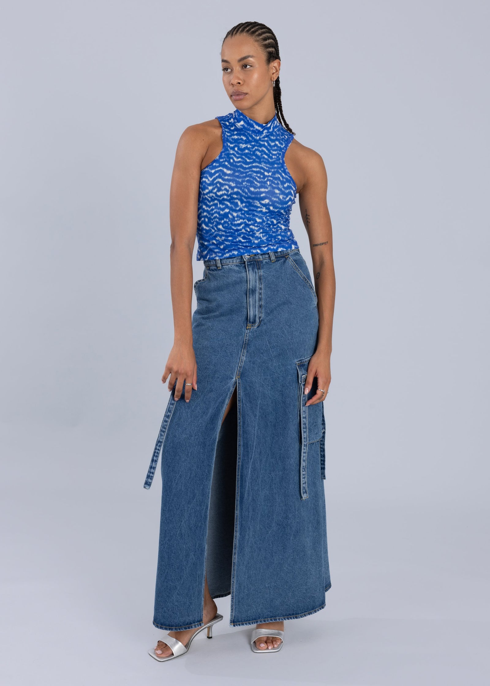 Denim Cargo Maxi Skirt Blue Denim