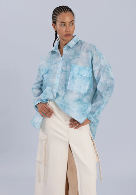 Organza Oversized Shirt Denim Print
