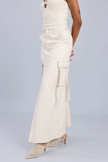 Denim Cargo Maxi Skirt Ecru