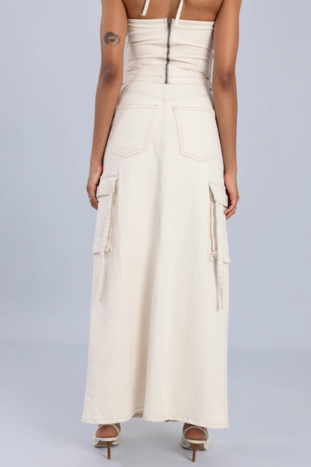 Denim Cargo Maxi Skirt Ecru