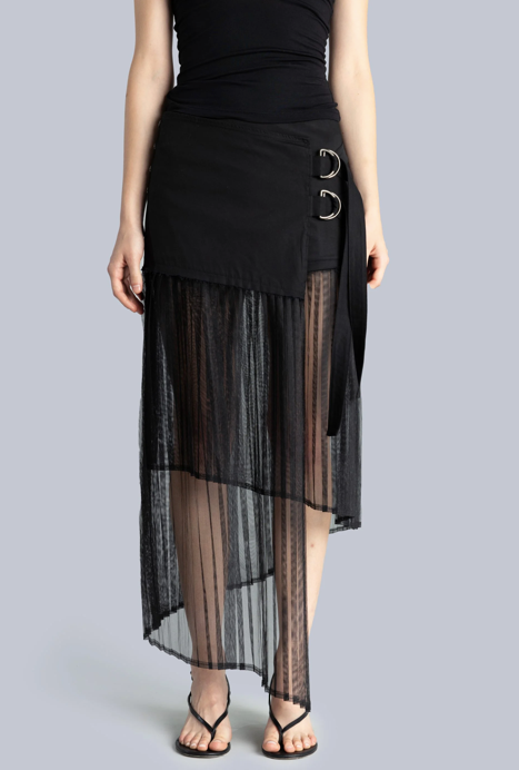 Pleated Asymmetric Midi Skirt Black