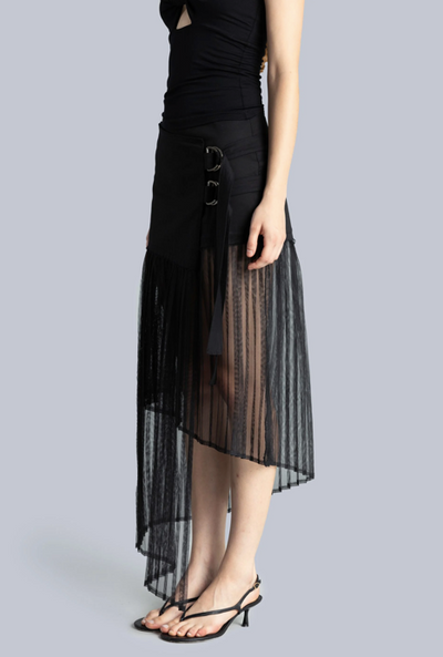 Pleated Asymmetric Midi Skirt Black