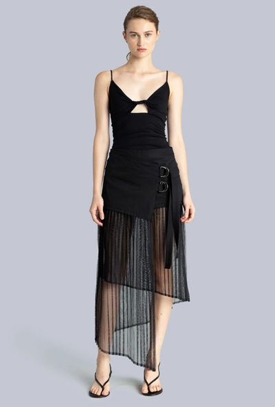 Pleated Asymmetric Midi Skirt Black