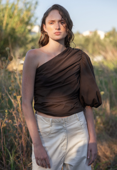 Poplin One Shoulder Top Browm