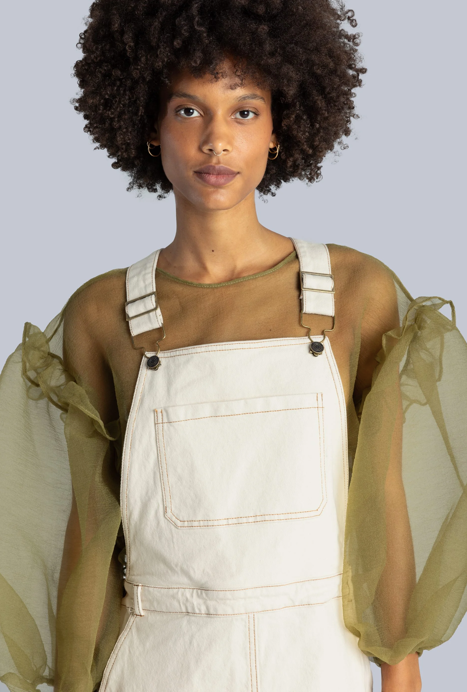 Denim Dungaree Midi Dress Off White