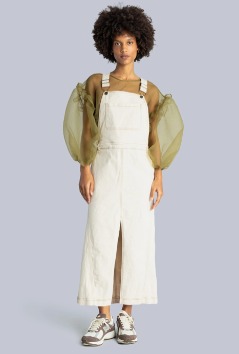 Denim Dungaree Midi Dress Off White