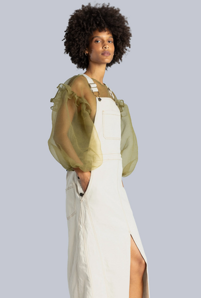 Denim Dungaree Midi Dress Off White