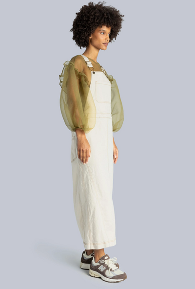 Denim Dungaree Midi Dress Off White