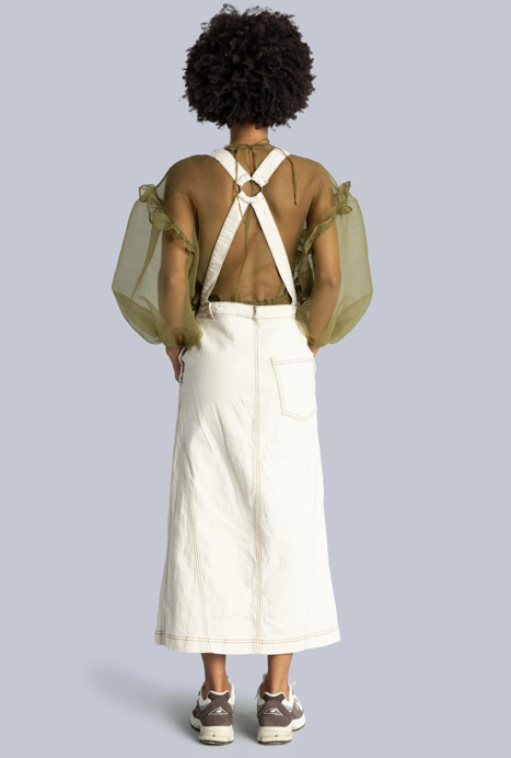 Denim Dungaree Midi Dress Off White