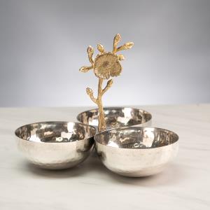 Hammered 3-Section Bowl W Gold Floral Handle
