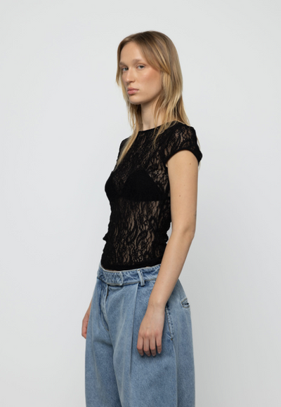 Jair Sheer Baby Tee Lace Top Black