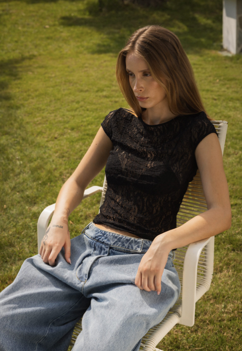 Jair Sheer Baby Tee Lace Top Black