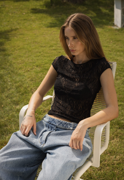 Jair Sheer Baby Tee Lace Top Black