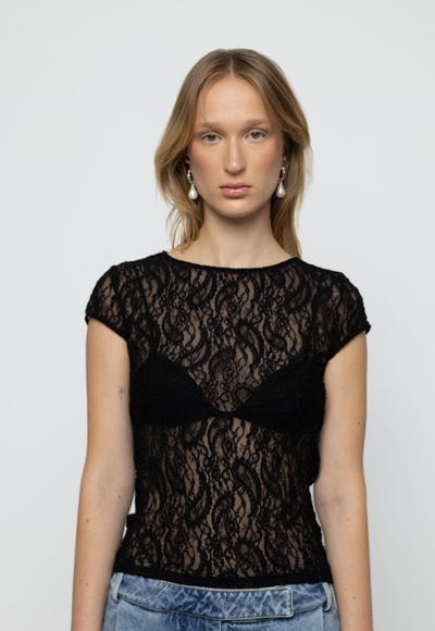 Jair Sheer Baby Tee Lace Top Black