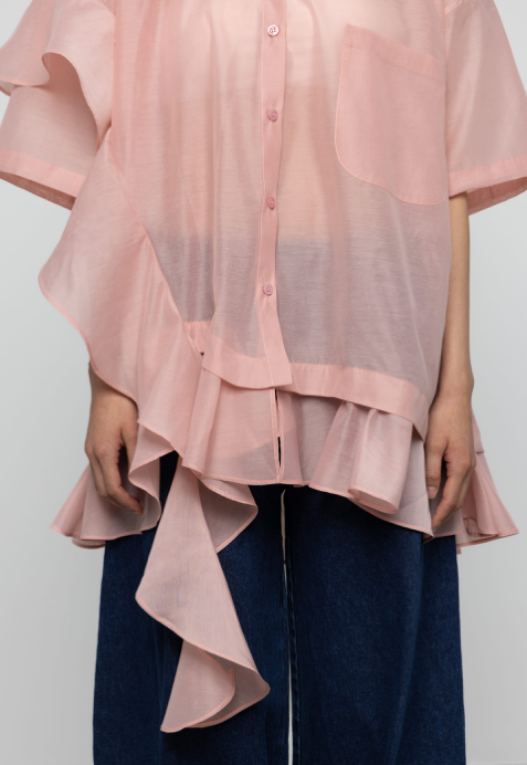 Asymmetric Frill Oversized Shirt Pink