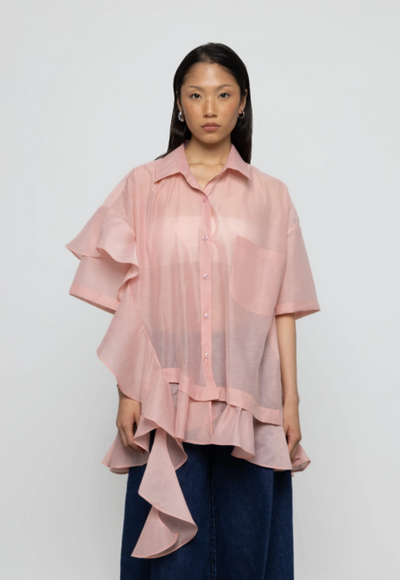 Asymmetric Frill Oversized Shirt Pink