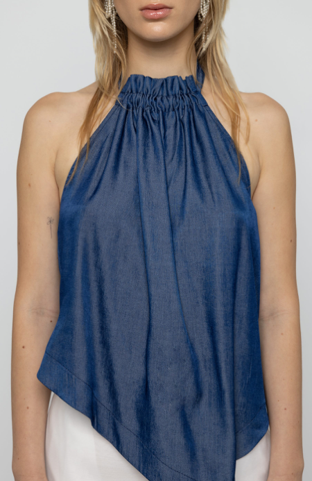 Cowl High Neck Top Dark Blue