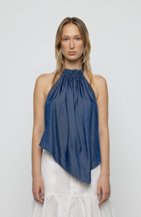 Cowl High Neck Top Dark Blue