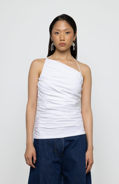 One Shoulder Pleated Poplin Top White