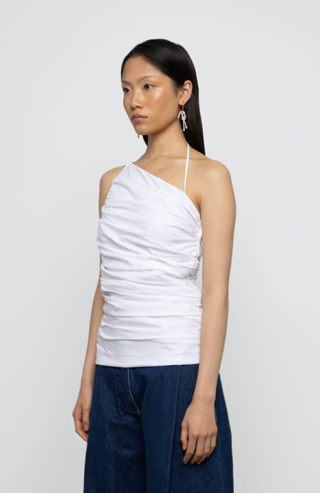 One Shoulder Pleated Poplin Top White