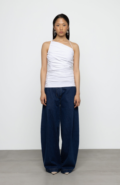 One Shoulder Pleated Poplin Top White