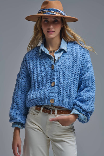 Open Knit Chunky Cardigan In Blue