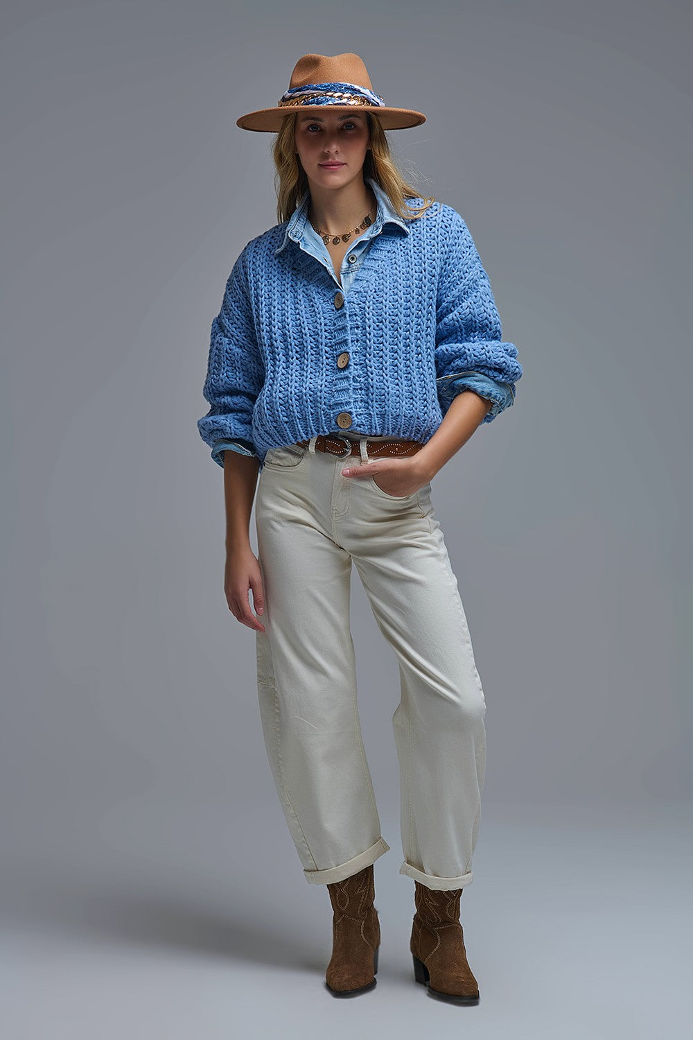 Open Knit Chunky Cardigan In Blue