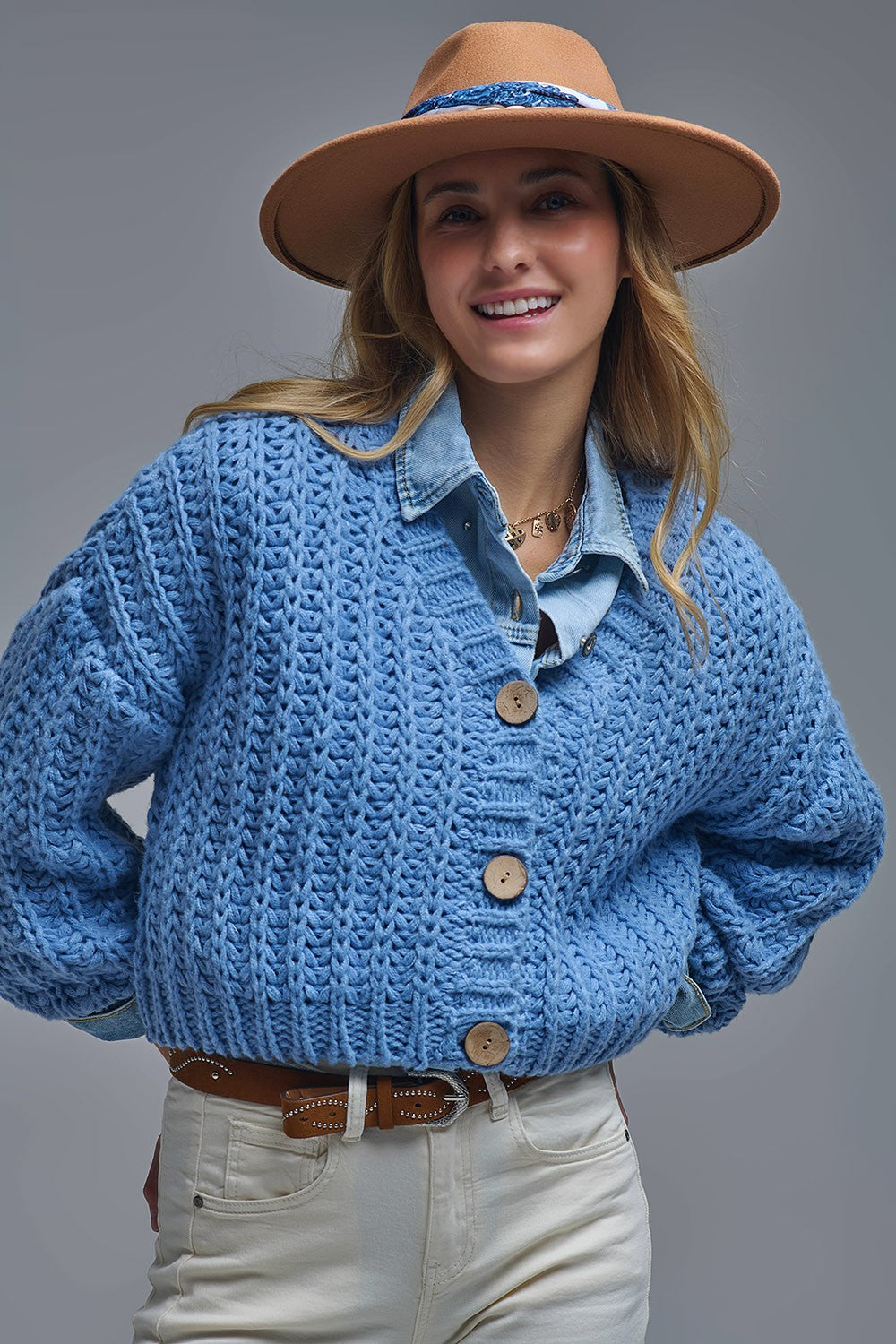 Open Knit Chunky Cardigan In Blue