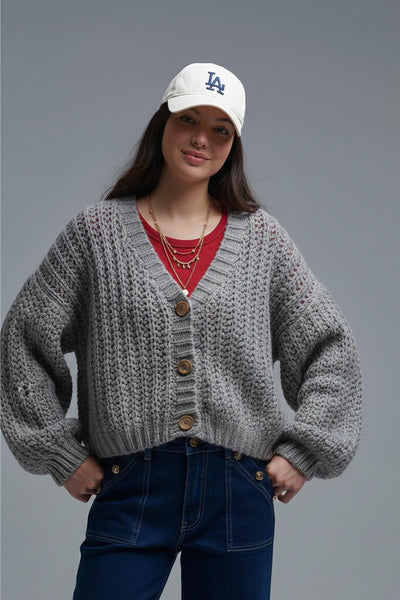 Yohana Cardigan In Grey With Buttons