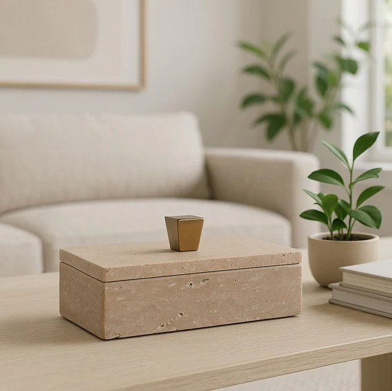 Travertine Box with Gold Knob
