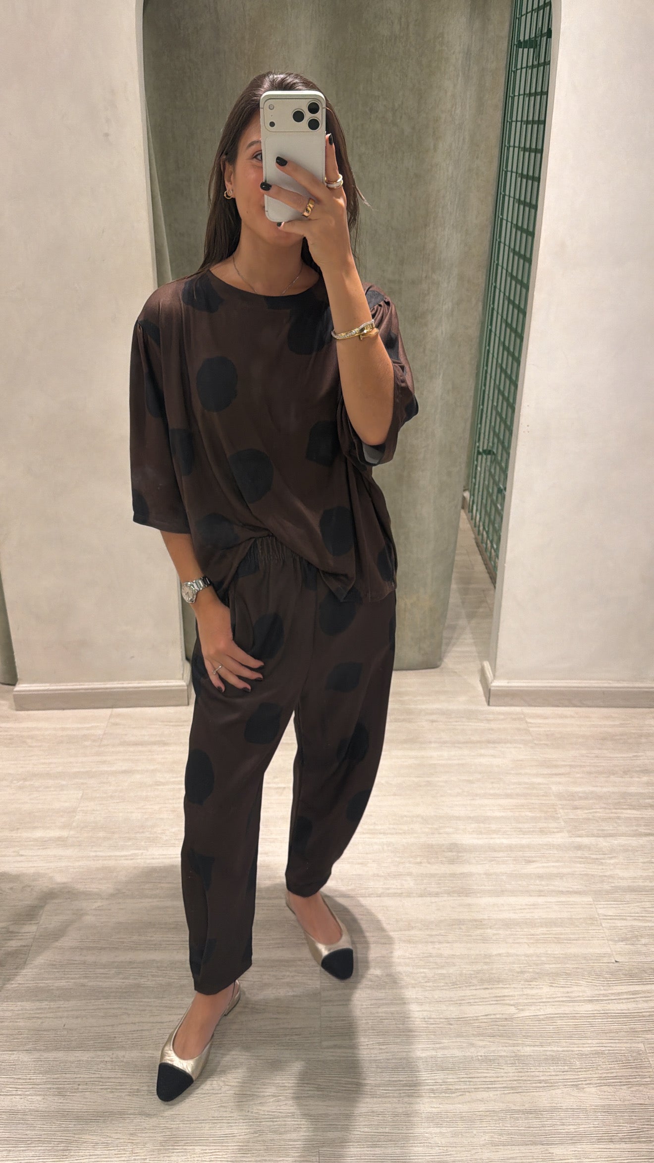 Comfy Blouse Mocha Black Dots