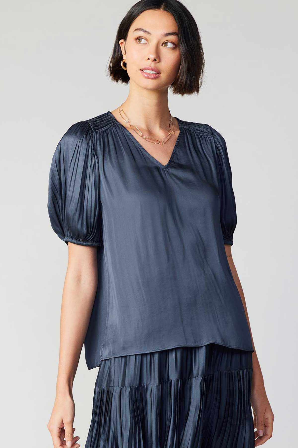 Pleated Neck Top Slate Navy