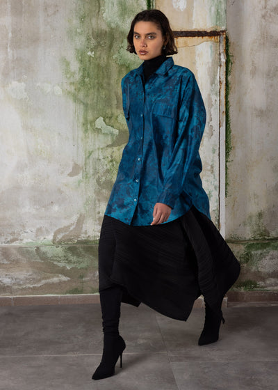 Printed Organza Oversized Shirt Blue