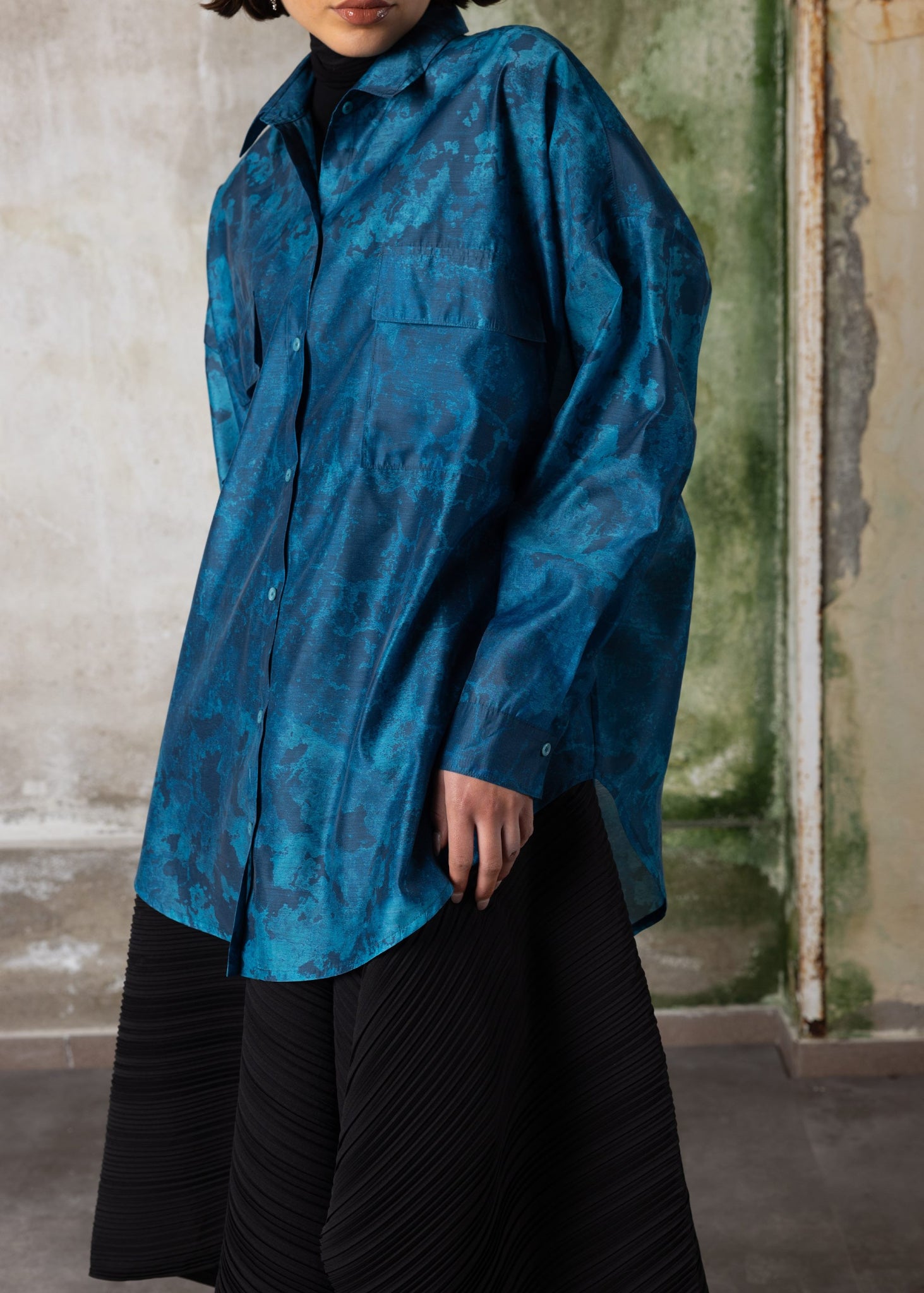 Printed Organza Oversized Shirt Blue