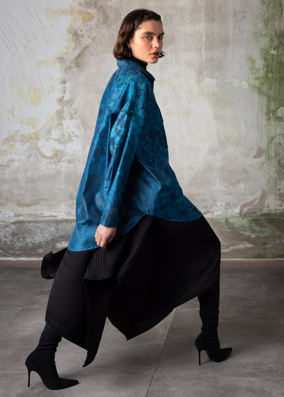 Printed Organza Oversized Shirt Blue