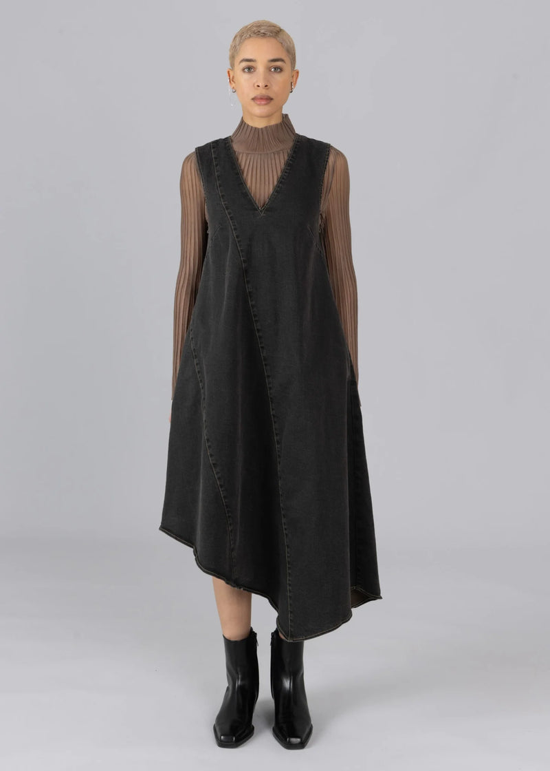 Asymmetric Paneled Denim Dress Black