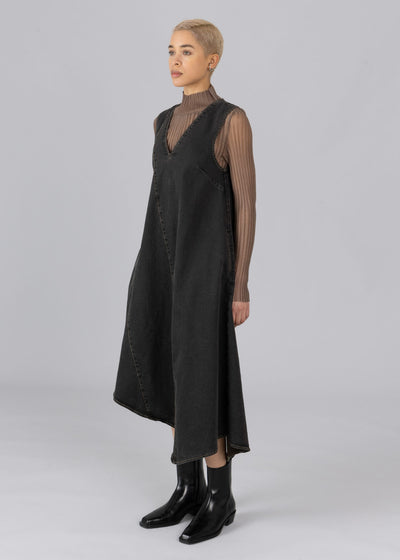 Asymmetric Paneled Denim Dress Black