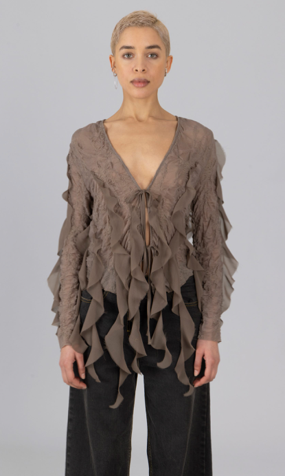 Jacquard Cardigan with Frills Browm