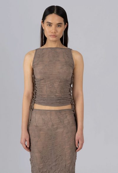 Jacquard Ribbon Sleeveless Top Browm