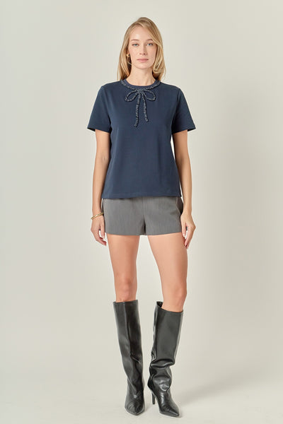 Beaded Bow T Shirt Navy