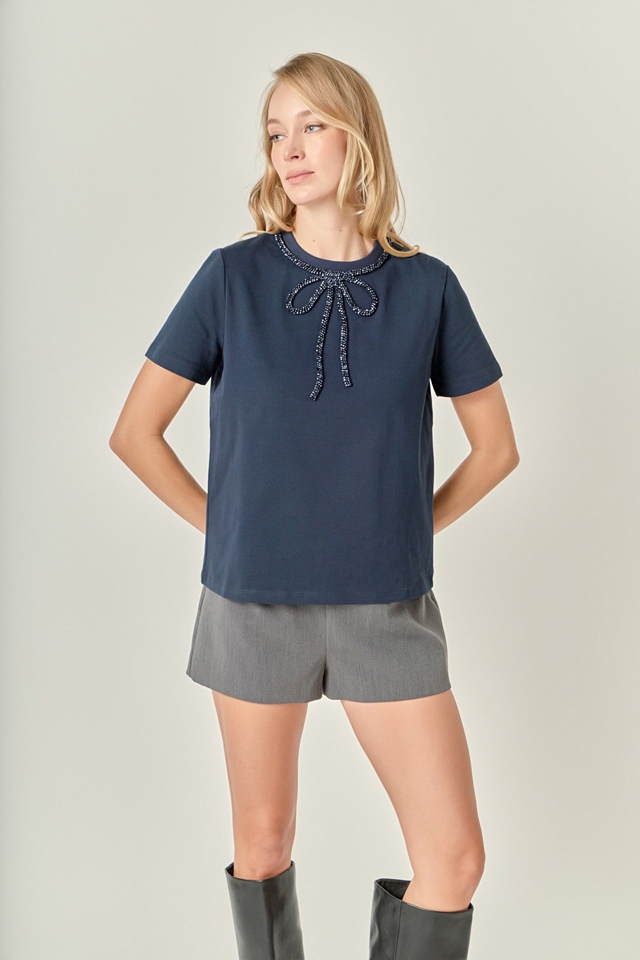 Beaded Bow T Shirt Navy