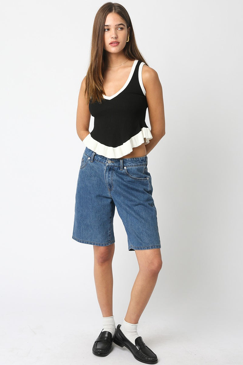 Mina Ruffle Hem Tank Top Black White